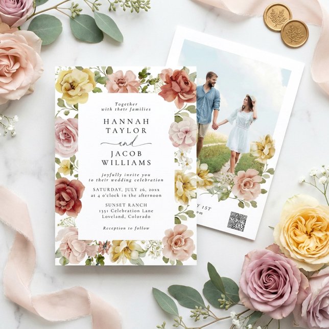 Floral QR Code Photo Wildflower Spring Wedding Invitation (Creator Uploaded)