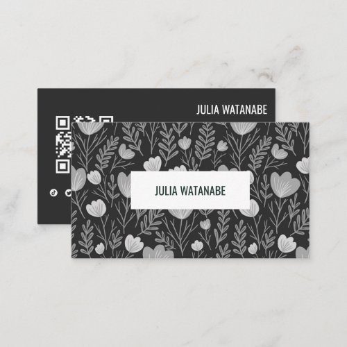 Floral QR Code Social Media Black and White Chic Business Card