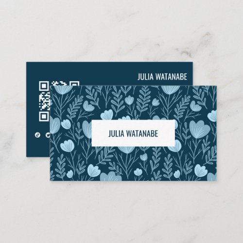 Floral QR Code Social Media Blue and White Chic Business Card