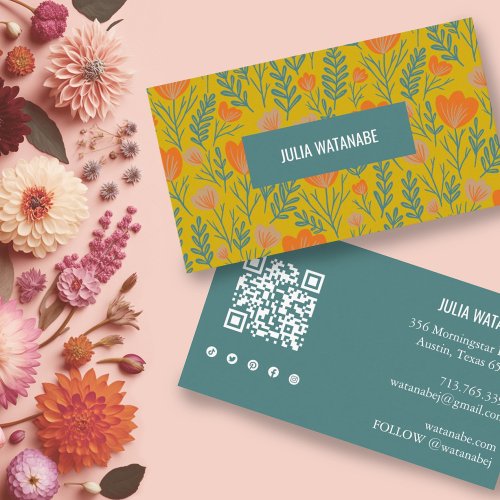 Floral QR Code Social Media Gold Green Chic Business Card