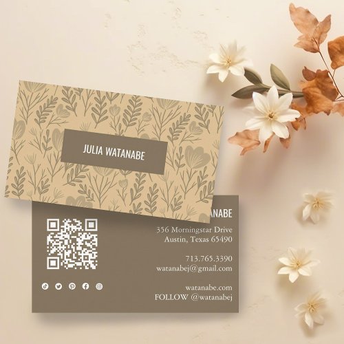Floral QR Code Social Media Icons Neutrals Chic Business Card