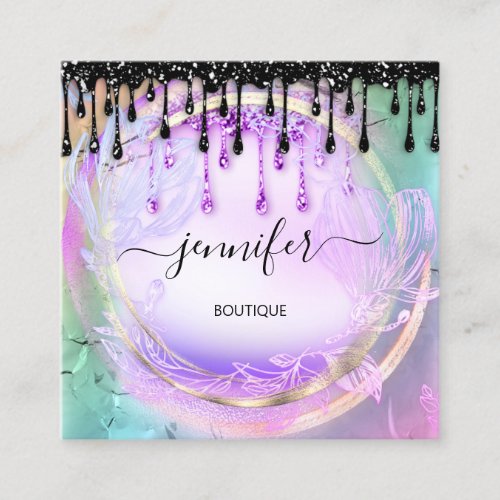 Floral QRCode Professional Shop Drips Holographic Square Business Card