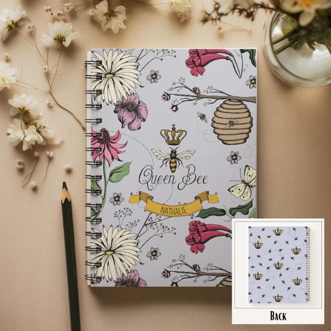 Floral Queen Bee and Crown Lavender  Notebook (Chic Queen Bee Custom Notebook
Front: Personalized Name or Message
Back: Fun Queen Bee & Crown Print)