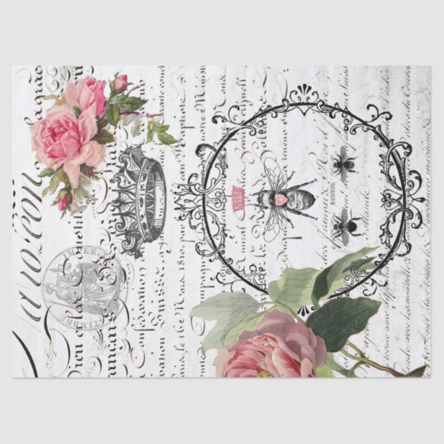 Floral Queen Bee Script Decoupage Tissue Paper (Front)