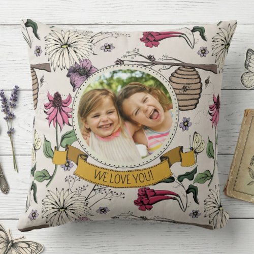 Floral Queen Bee We Love You Kids Photo Throw Pillow