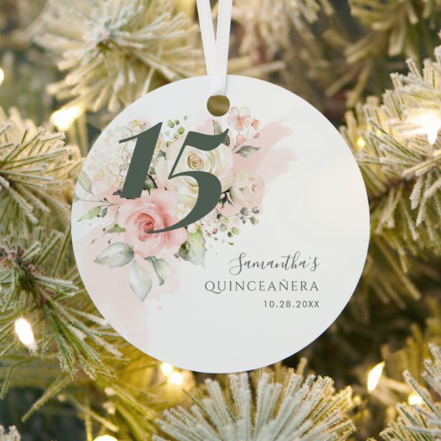 Floral Quinceanera 15th Birthday Greenery Pink Metal Ornament (Insitu)