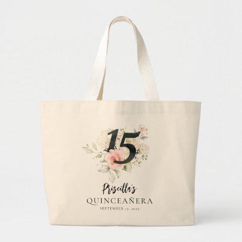 Floral Quinceanera 15th Birthday Keepsake Large Tote Bag
