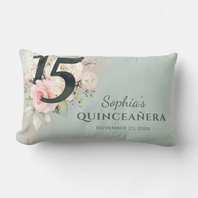 Floral Quinceanera 15th Birthday Party Lumbar Pillow (Front)