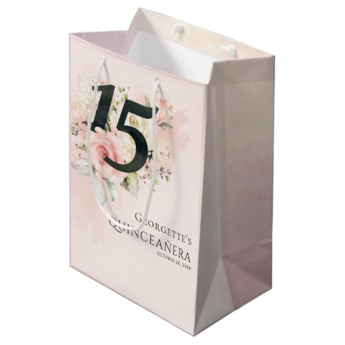 Floral Quinceanera 15th Birthday Pink Greenery Medium Gift Bag