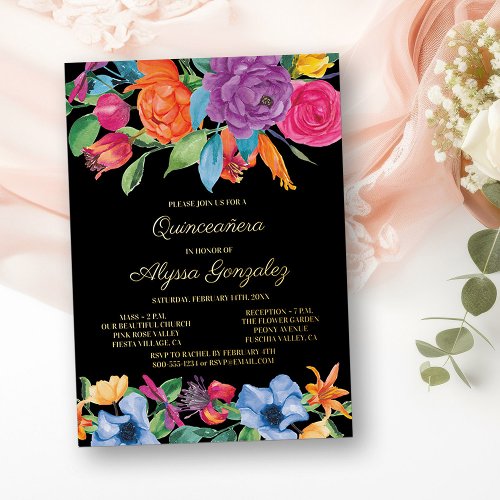 Floral Quinceanera and Mass Fiesta Flower and Gold Foil Invitation