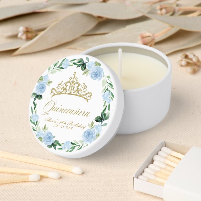 Floral Quinceañera Baby Blue Tiara Mini Candle Favors (Insitu)