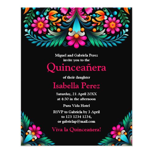 Floral Quinceanera Black Mexican Fiesta Birthday Flyer