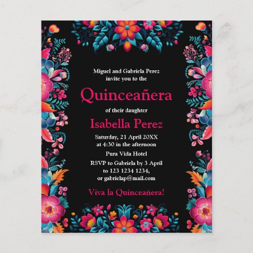 Floral Quinceanera Black Mexican Fiesta Birthday Flyer
