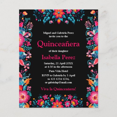 Floral Quinceanera Black Mexican Fiesta Birthday Flyer