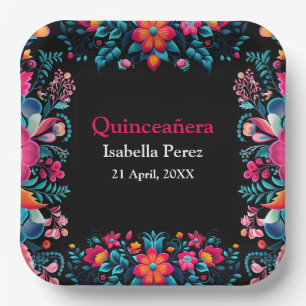 Floral Quinceanera Black Mexican Fiesta Birthday Paper Plates