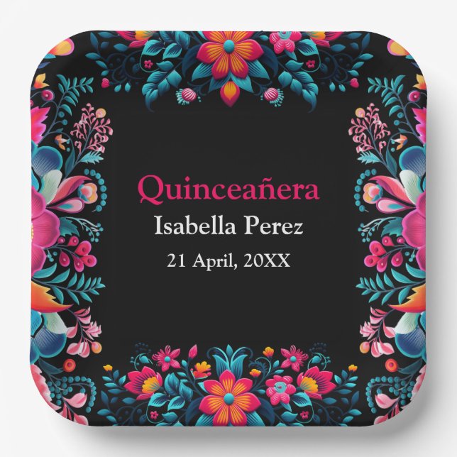 Floral Quinceanera Black Mexican Fiesta Birthday Paper Plates (Front)