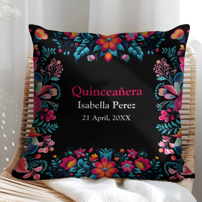Floral Quinceanera Black Mexican Fiesta Birthday Throw Pillow (Floral Quinceanera Black Mexican Fiesta Birthday Throw Pillow on a sunny rattan chair.)