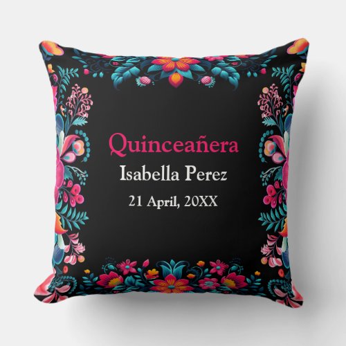 Floral Quinceanera Black Mexican Fiesta Birthday Throw Pillow