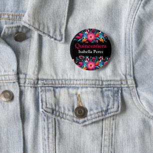 Floral Quinceanera Black Mexican Fiesta Button