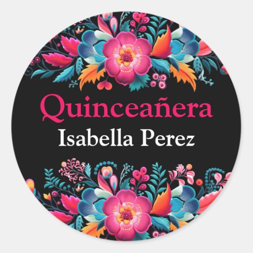 Floral Quinceanera Black Mexican Fiesta Classic Round Sticker