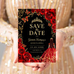 Floral Quinceanera Black Red Gold Save The Date<br><div class="desc">Black red gold Quinceanera celebration save the date card. Features brunette girl in ball gown dress,  script font,  gold butterflies,  watercolor roses and tiara. Perfect for an elegant princess style glam celebration. Personalize with your own details. Printed Zazzle cards or instant download digital printable template.</div>