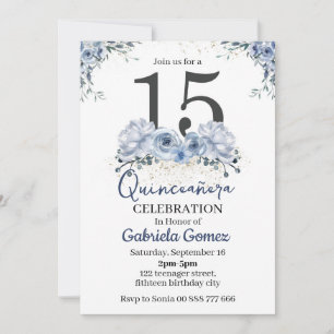 Floral Quinceanera Dusty Blue 15th Birthday Invitation