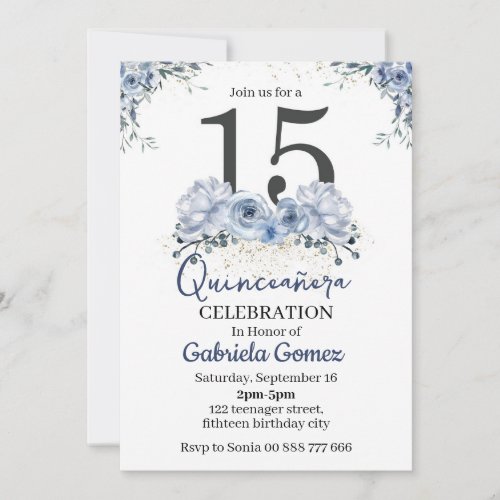 Floral Quinceanera Dusty Blue 15th Birthday Invitation