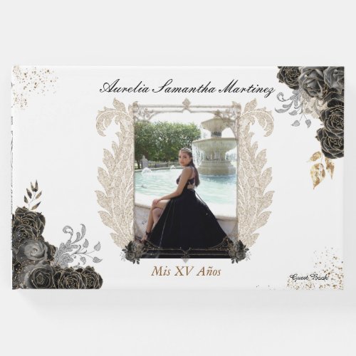 Floral Quinceaera Guest Book Black and Gold 