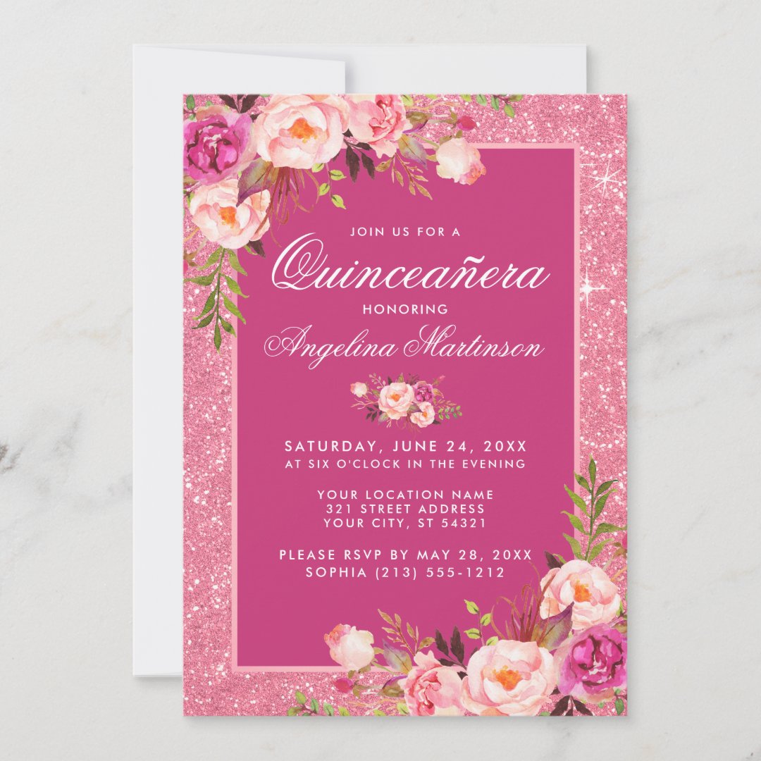 Floral Quinceanera Hot Pink Glitter Invitation | Zazzle