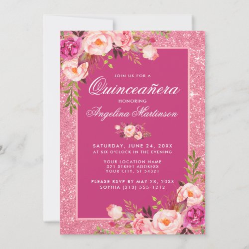 Floral Quinceanera Hot Pink Glitter Invitation