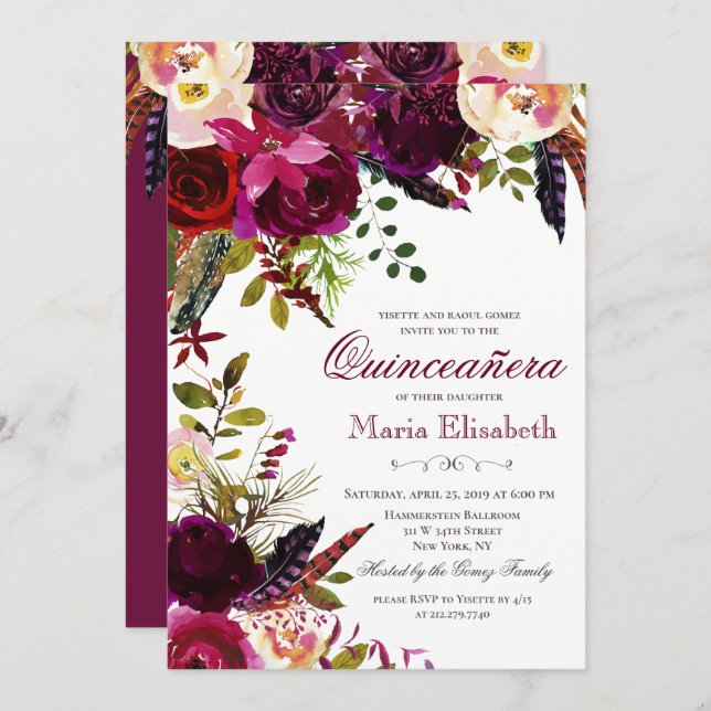 Floral Quinceanera Invitation (Front/Back)