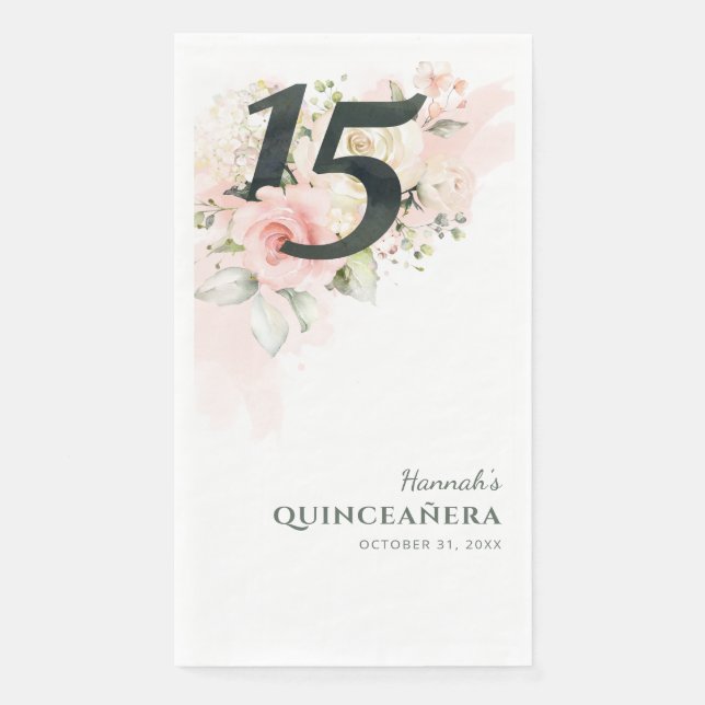 Floral Quinceanera Pink 15th Birthday Party Paper Guest Towels (Front)