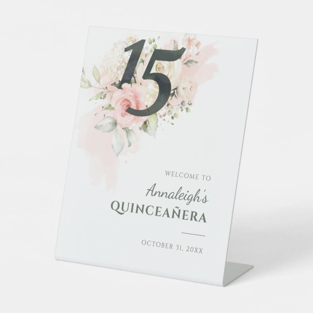 Floral Quinceanera Pink 15th Birthday Party Pedestal Sign (Front)