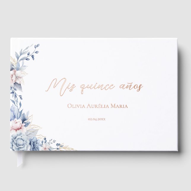 Floral Quinceanera Pink Blush Gold Foil Guest Book (Front)