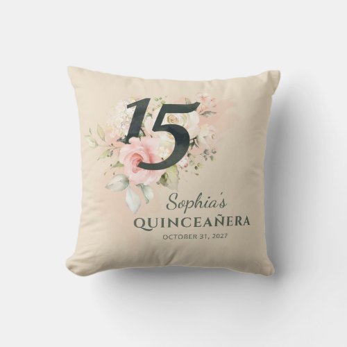 Floral Quinceanera Pink Rustic Blush 15th Birthday Throw Pillow