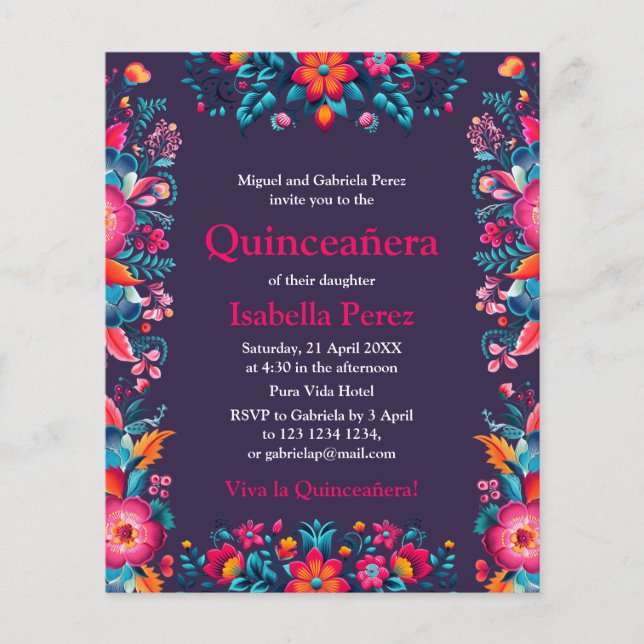 Floral Quinceanera Purple Mexican Fiesta Birthday Flyer (Front)