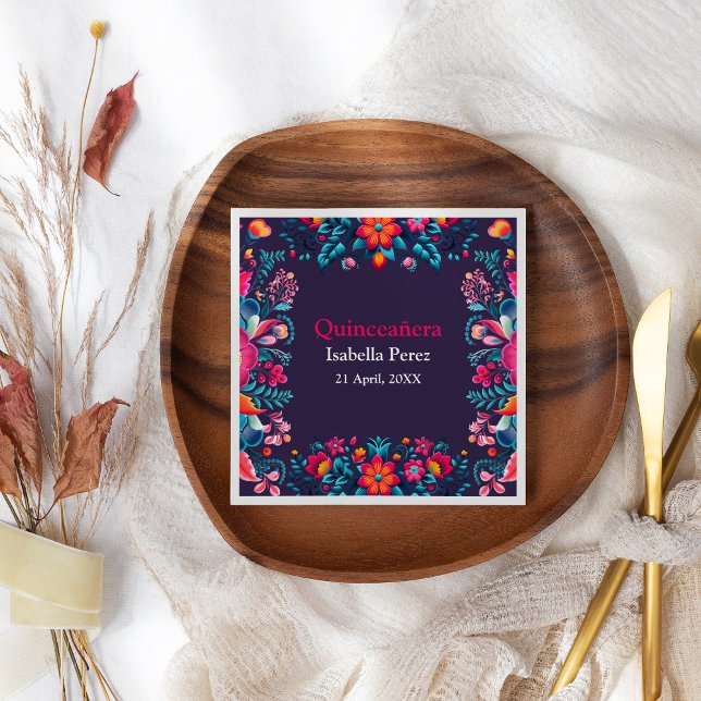 Floral Quinceanera Purple Mexican Fiesta Birthday Napkins (Floral Quinceanera Purple Mexican Fiesta Birthday Napkins on a table with flowers.)