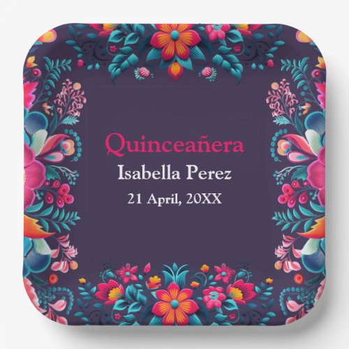 Floral Quinceanera Purple Mexican Fiesta Birthday Paper Plates