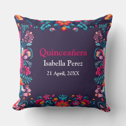 Floral Quinceanera Purple Mexican Fiesta Birthday Throw Pillow