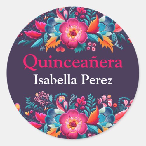 Floral Quinceanera Purple Mexican Fiesta  Classic Round Sticker