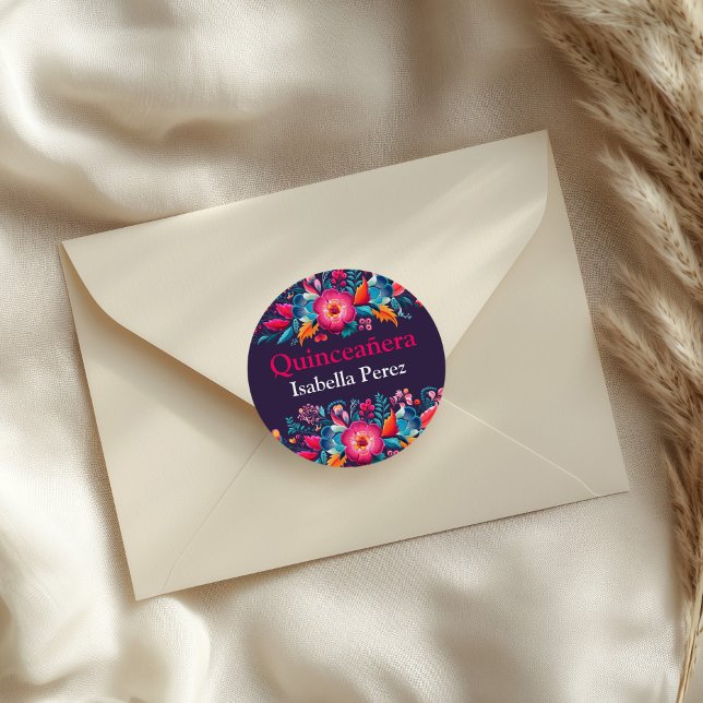 Floral Quinceanera Purple Mexican Fiesta  Classic Round Sticker (Floral Quinceanera Purple Mexican Fiesta Classic Round Sticker on an elegant envelope.)