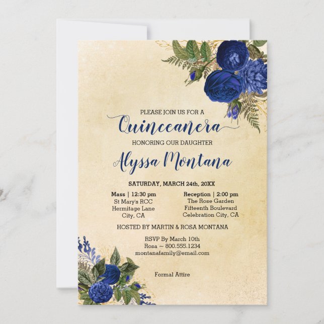 Floral Quinceanera Royal Blue Mass & Reception Invitation (Front)