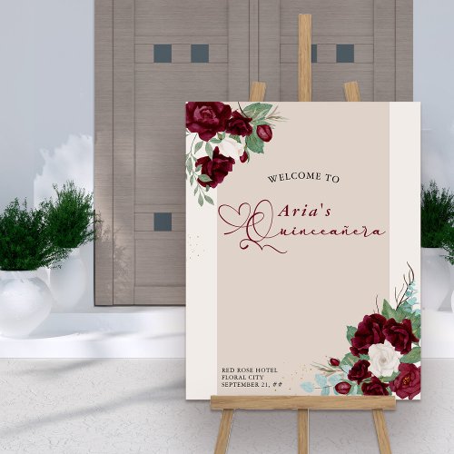 Floral Quinceanera Welcome Burgundy Red Ivory Rose Foam Board