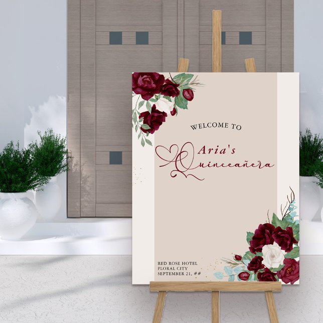 Floral Quinceanera Welcome Burgundy Red Ivory Rose Foam Board (Elegant Quinceanera welcome sign with gorgeous rose bloom floral arrangements)