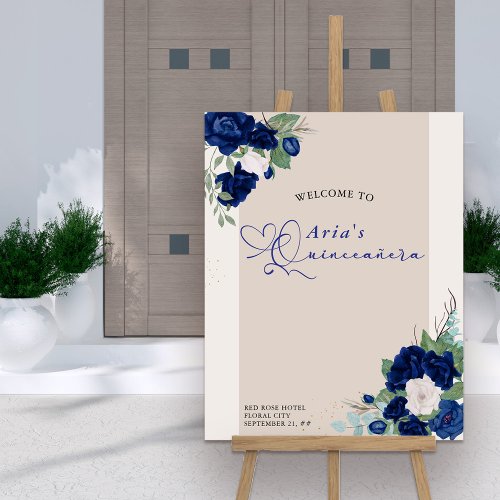 Floral Quinceanera Welcome Royal Blue Ivory Roses Foam Board