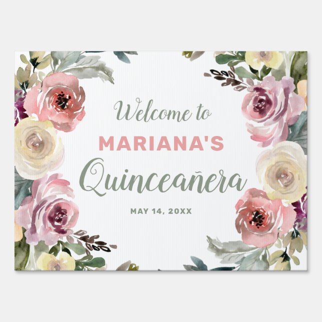 Floral Quinceañera Welcome Yard Sign (Front)