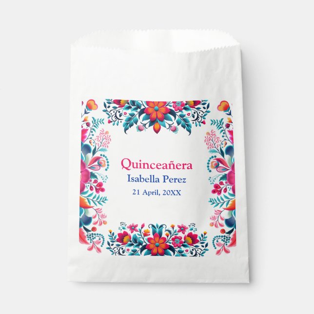 Floral Quinceanera White Mexican Fiesta Birthday Favor Bag (Front)