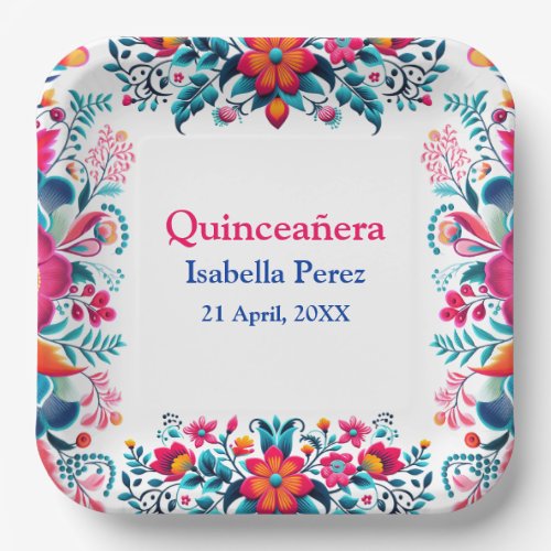Floral Quinceanera White Mexican Fiesta Birthday Paper Plates