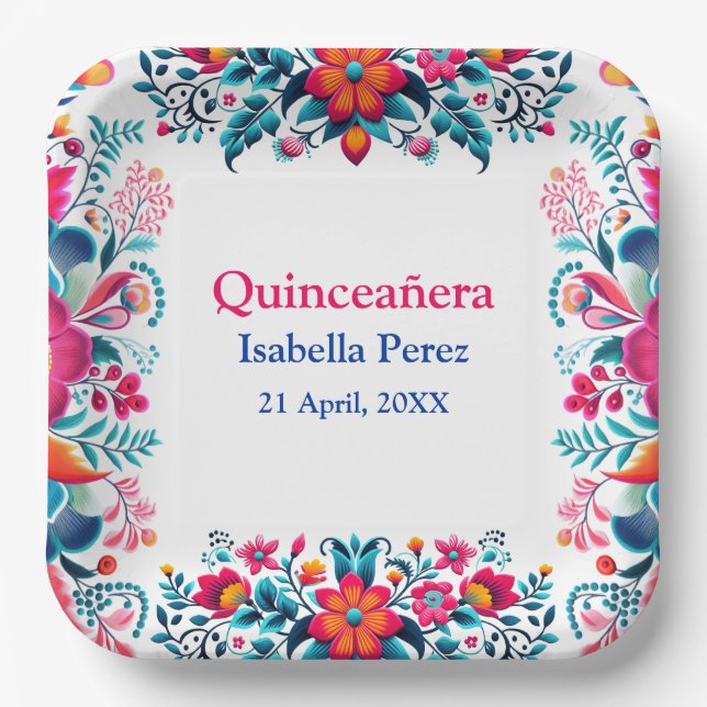 Floral Quinceanera White Mexican Fiesta Birthday Paper Plates (Front)