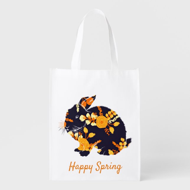 Floral Rabbit, Happy Spring Grocery Bag (Front)